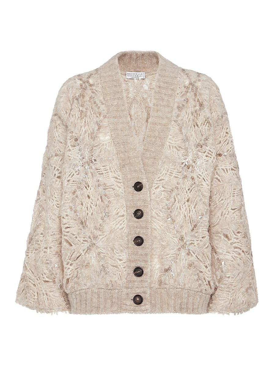 Women's Frosty Embroidery Cardigan in Mohair and Wool - Warm Beige - Size XS