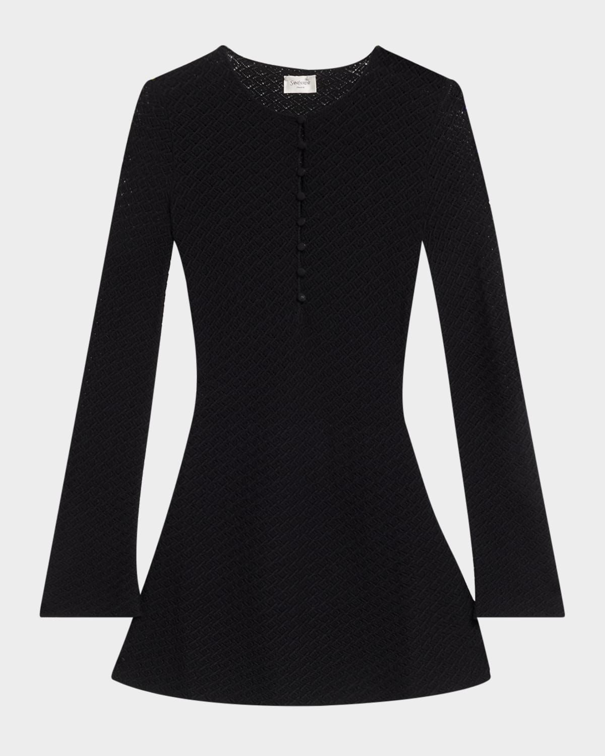 Buttoned Long-Sleeve Knit Mini Dress