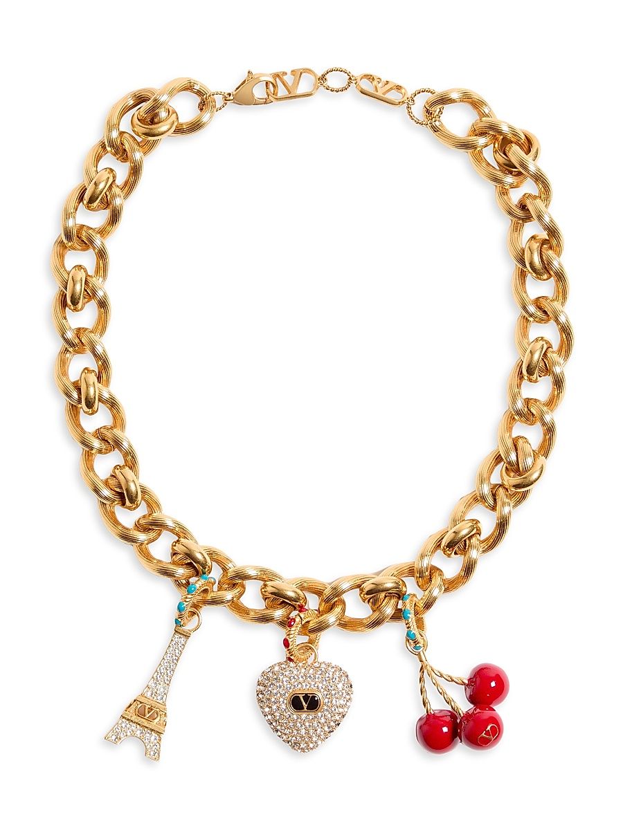 Women's Chez Valentino Necklace in Metal, Enamel and Swarovski Crystals - Antique Brass