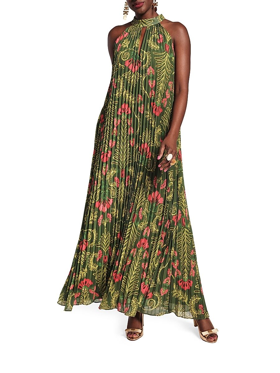 Women's Printed Accordian-Pleated Maxi Dress - Green Multi - Size XL