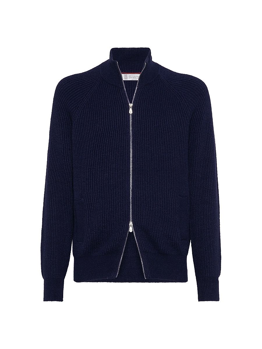 Men's Malfilé Cotton English Rib Cardigan with Raglan Sleeves and Zipper - Navy Blue - Size 34