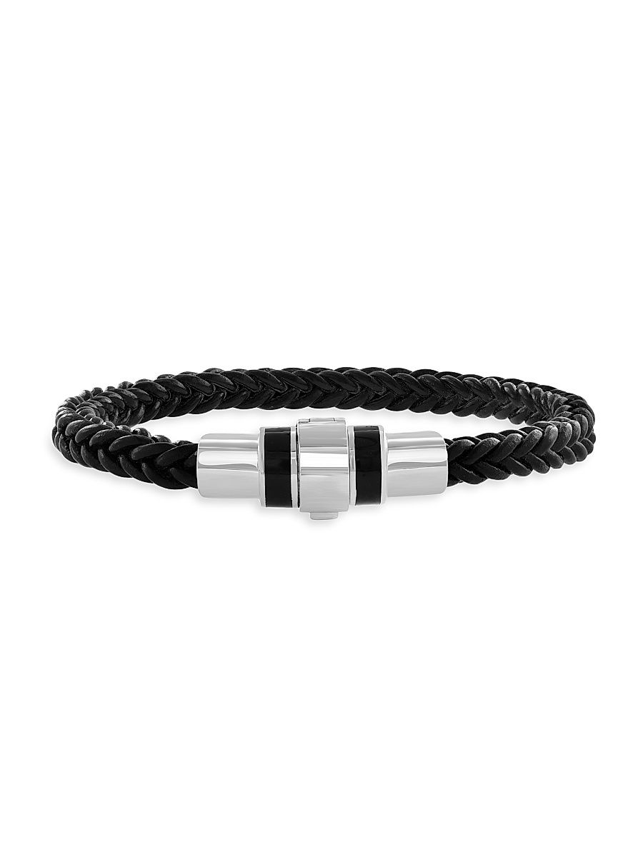 Men's 925 Sterling Silver & Black Agate Cord Bracelet - Black