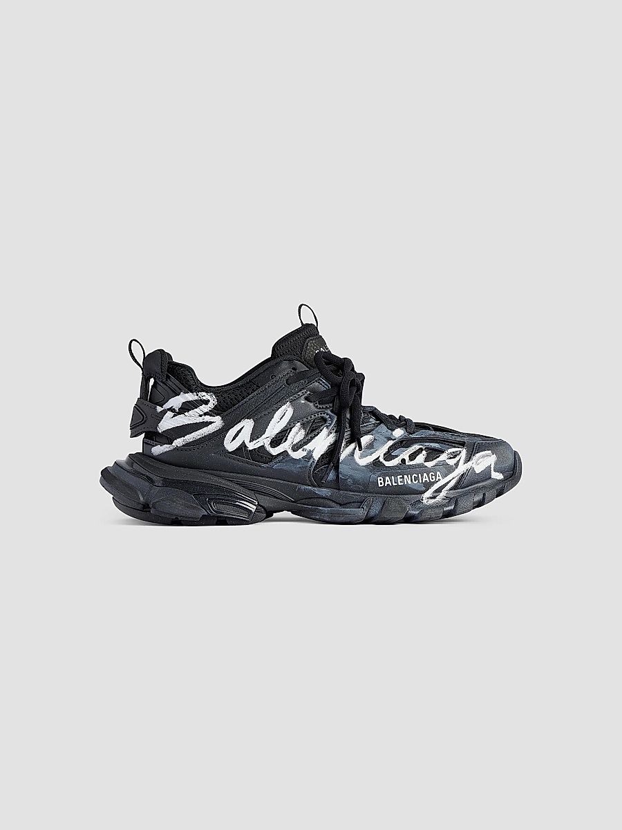 Balenciaga Men's Track Signature Sneakers - Black White - Size 12