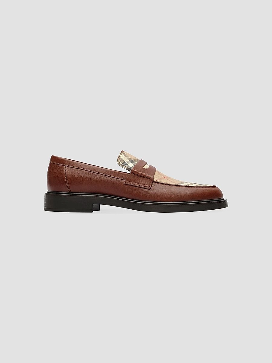 Men's Pembroke Checked Leather Loafers - Tabacco Beige - Size 13