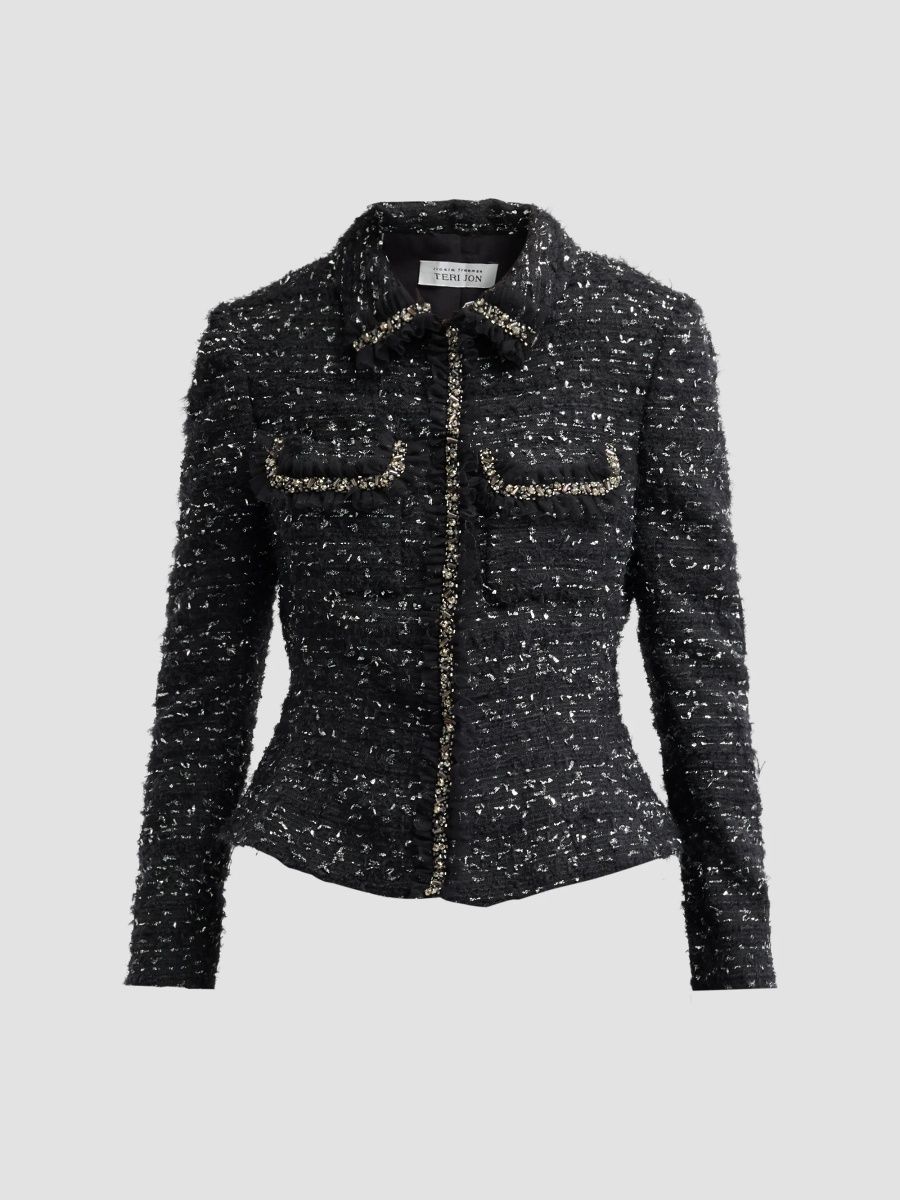 Teri Jon by Rickie Freeman Women's Metallic Bouclé Jacket - Black Silver - Size 10