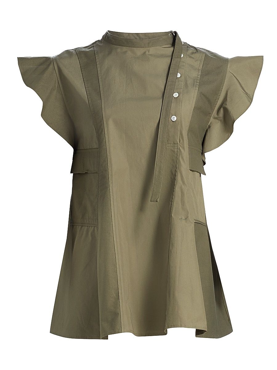 Women's Cotton Poplin Button-Front Blouse - Burnt Olive - Size Large