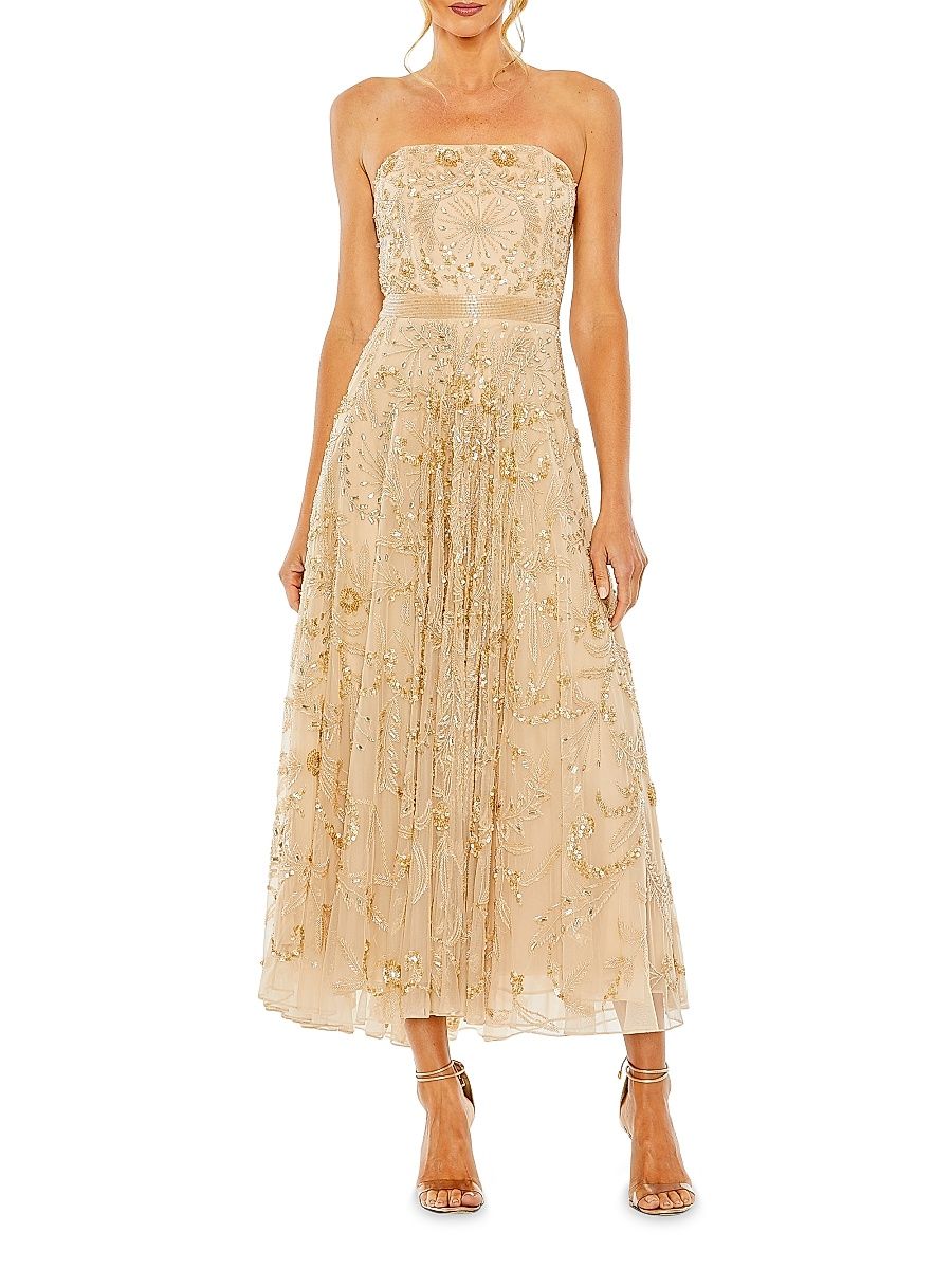 Women's Embellished Mesh Strapless Midi-Dress - Champagne - Size 8