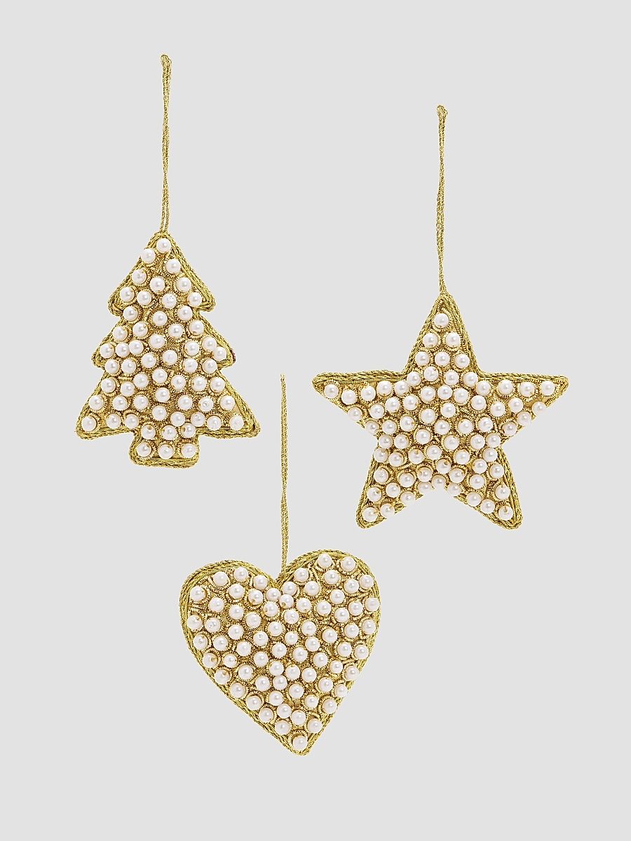 Golden Pearl Heart, Tree & Star Ornament Set