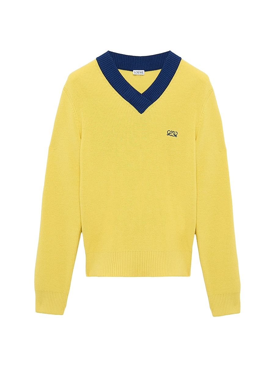 Women's Logo Cotton & Wool-Blend V-Neck Sweater - Yellow Blue - Size XS