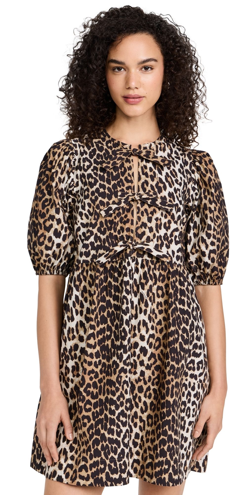 GANNI Cotton Poplin Tie String Mini Dress Leopard 36