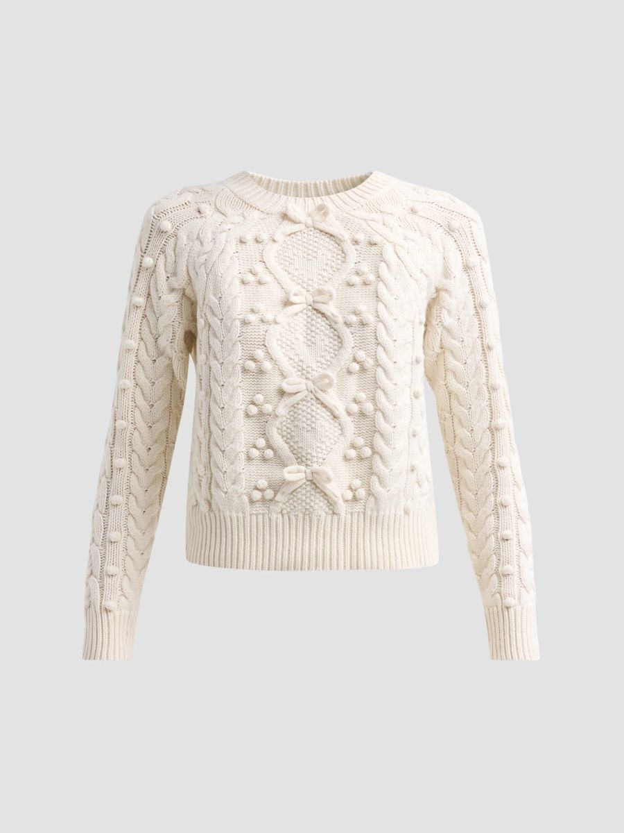 LoveShackFancy Women's Mavelle Bow-Embellished Wool-Blend Sweater - Birch Whisper - Size XL