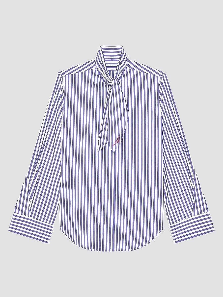 Givenchy Women's Cocoon Striped Shirt in Silk with Bow - Electric Blue White - Size 10