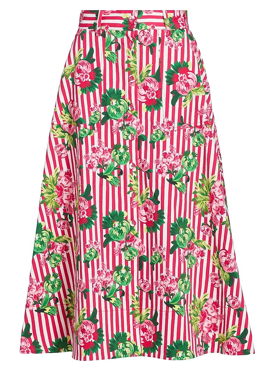 Women's Kali Striped Floral Button-Front Midi-Skirt - Pivoines Stripe - Size 10