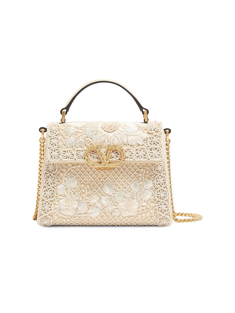 Women's Mini VSling Embroidered Top Handle Bag with Jewel Logo - Butter