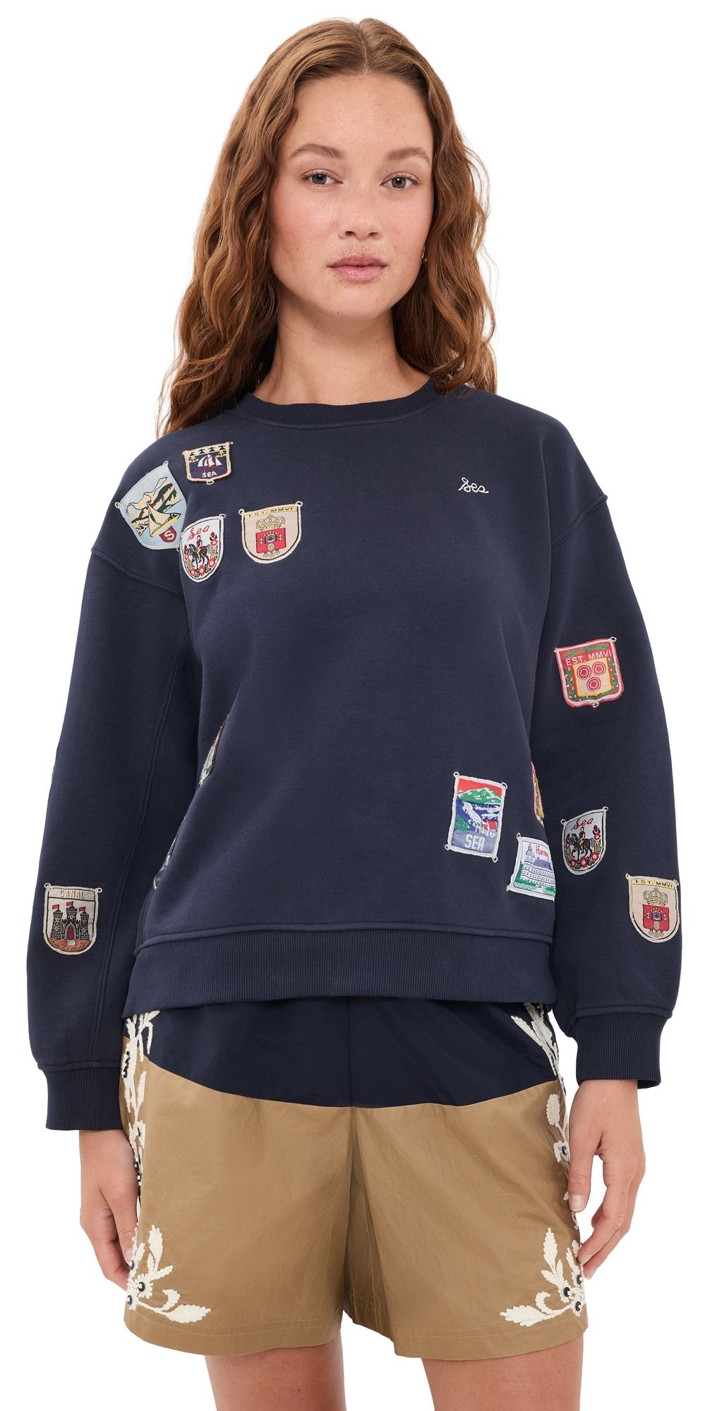 Sea Davis Patchwork Crew Neck Sweatshirt Navy XL