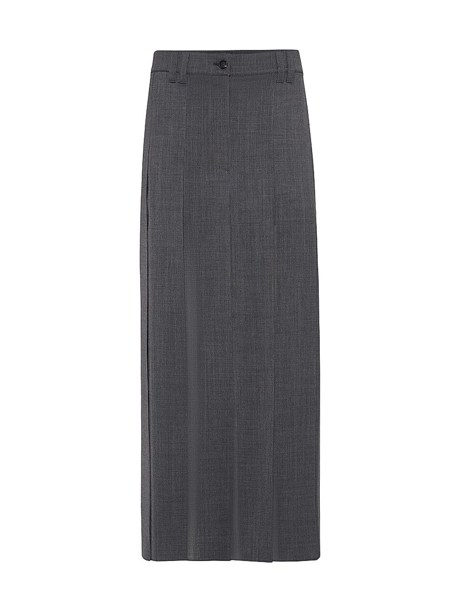 Women's Techno Virgin Wool Gauze Long Pleated Skirt with Monili - Anthracite - Size 14