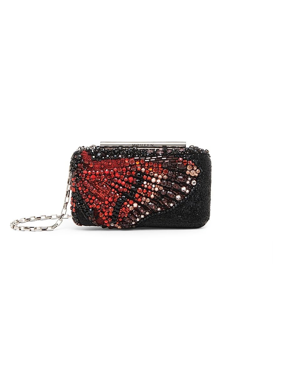 Women's Bejeweled Embellished Leather Clutch - Black Red Silver