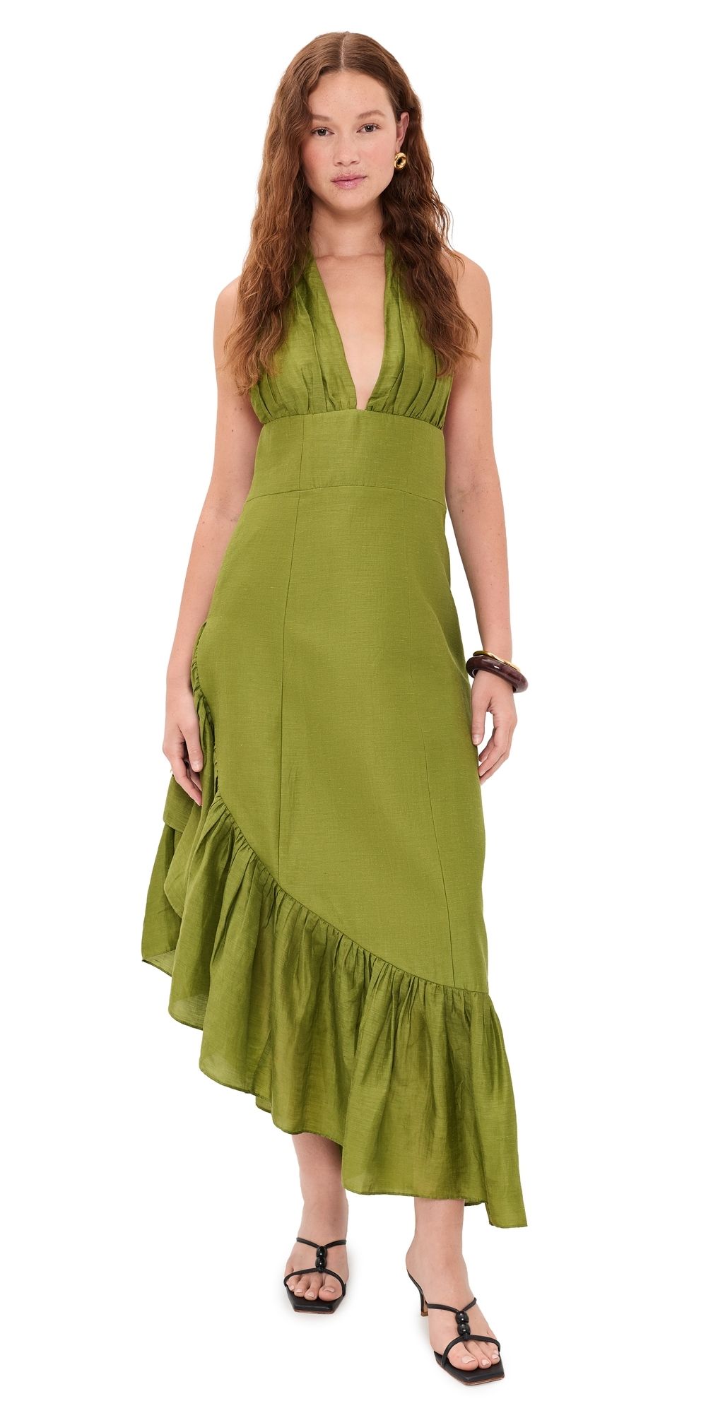 Couper Gwendolyn Asymmetrical Ruffle Dress Olive XS