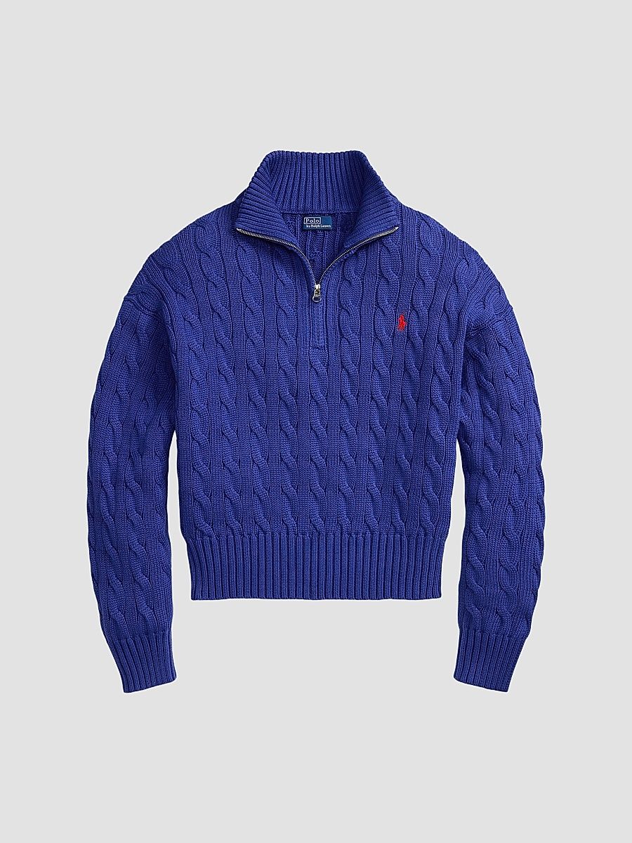 Polo Ralph Lauren Women's Cable-Knit Cotton Quarter-Zip Sweater - Charter Blue - Size Small