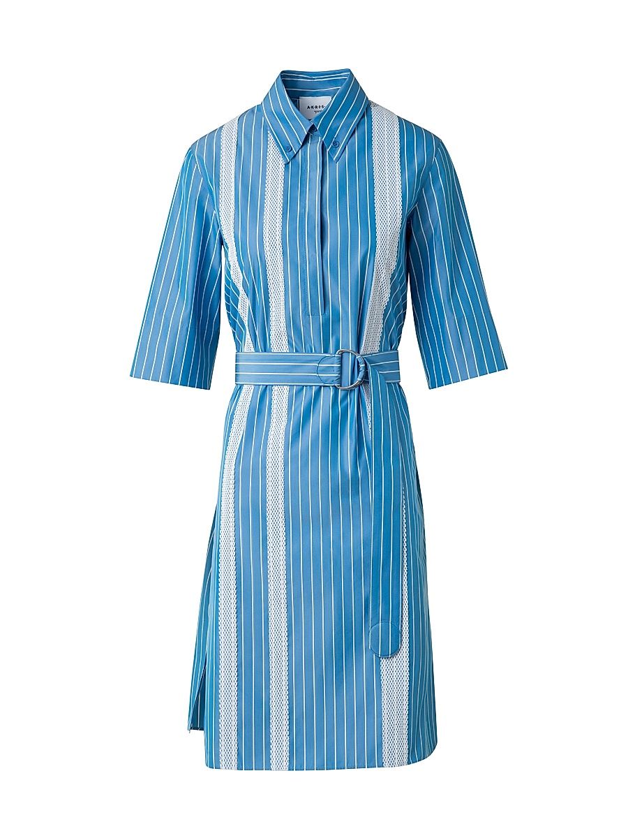 Women's Striped Cotton Poplin Belted Shirtdress - Medium Blue Cream - Size 14