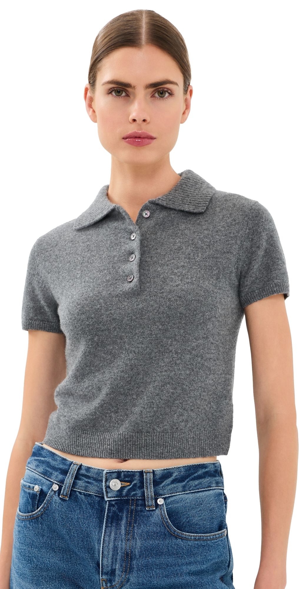 SIMKHAI Twila Cashmere Polo Top Heather Grey S