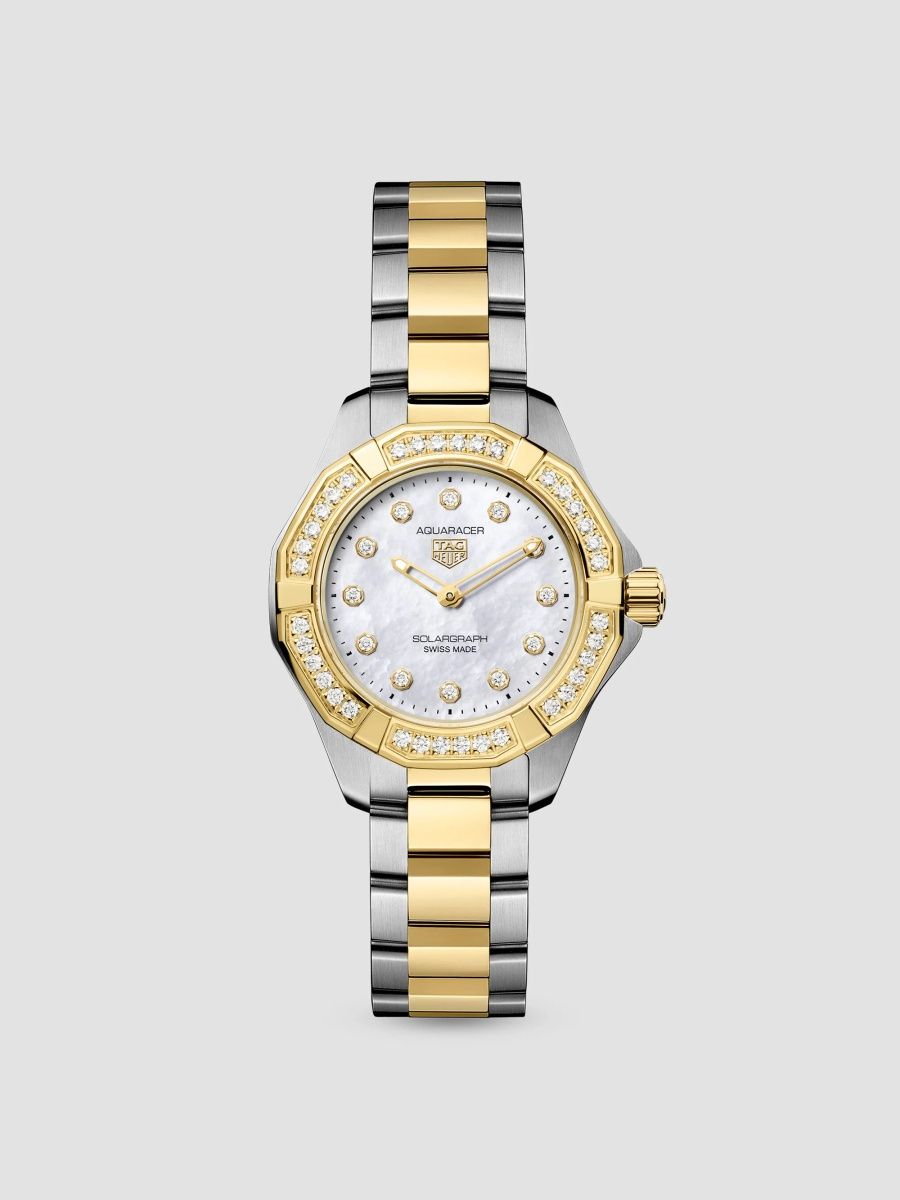 TAG Heuer Women's Aquaracer Professional 100 Solargraph Stainless Steel, 18K-Gold-Plated, 0.37 TCW Diamond, & Mother-Of-Pearl Bracelet Watch/28MM - Gold