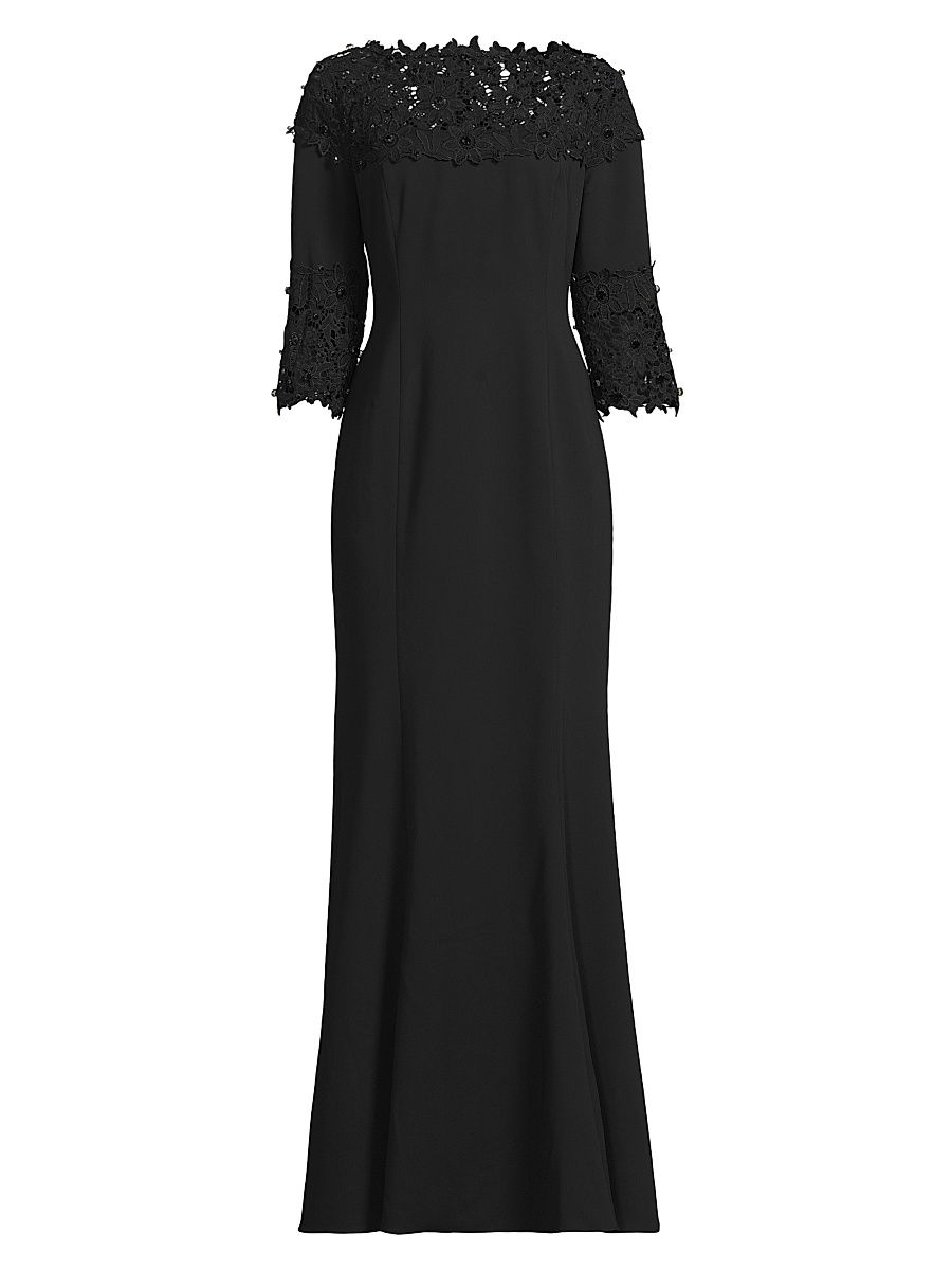 Women's Embellished Crepe-Lace Boatneck Gown - Black - Size 16