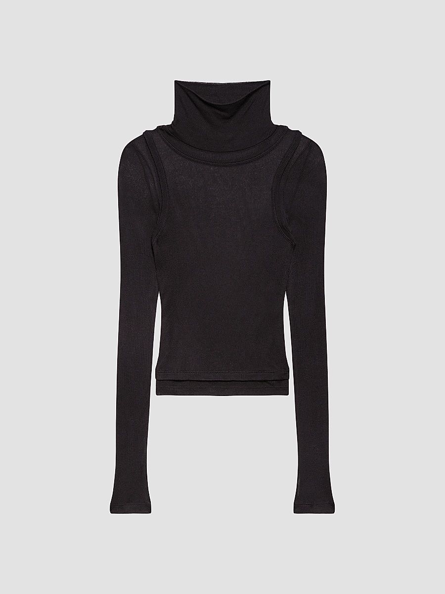 Women's Layered Sheer Turtleneck Top - Vintage Black - Size Large