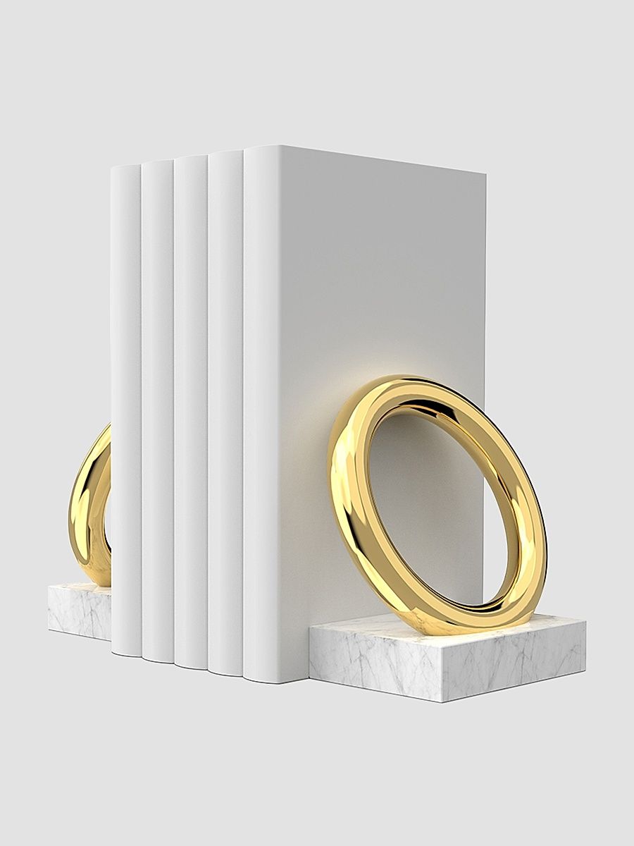 Ring Marble & Goldtone Stainless Steel Bookends - White Gold
