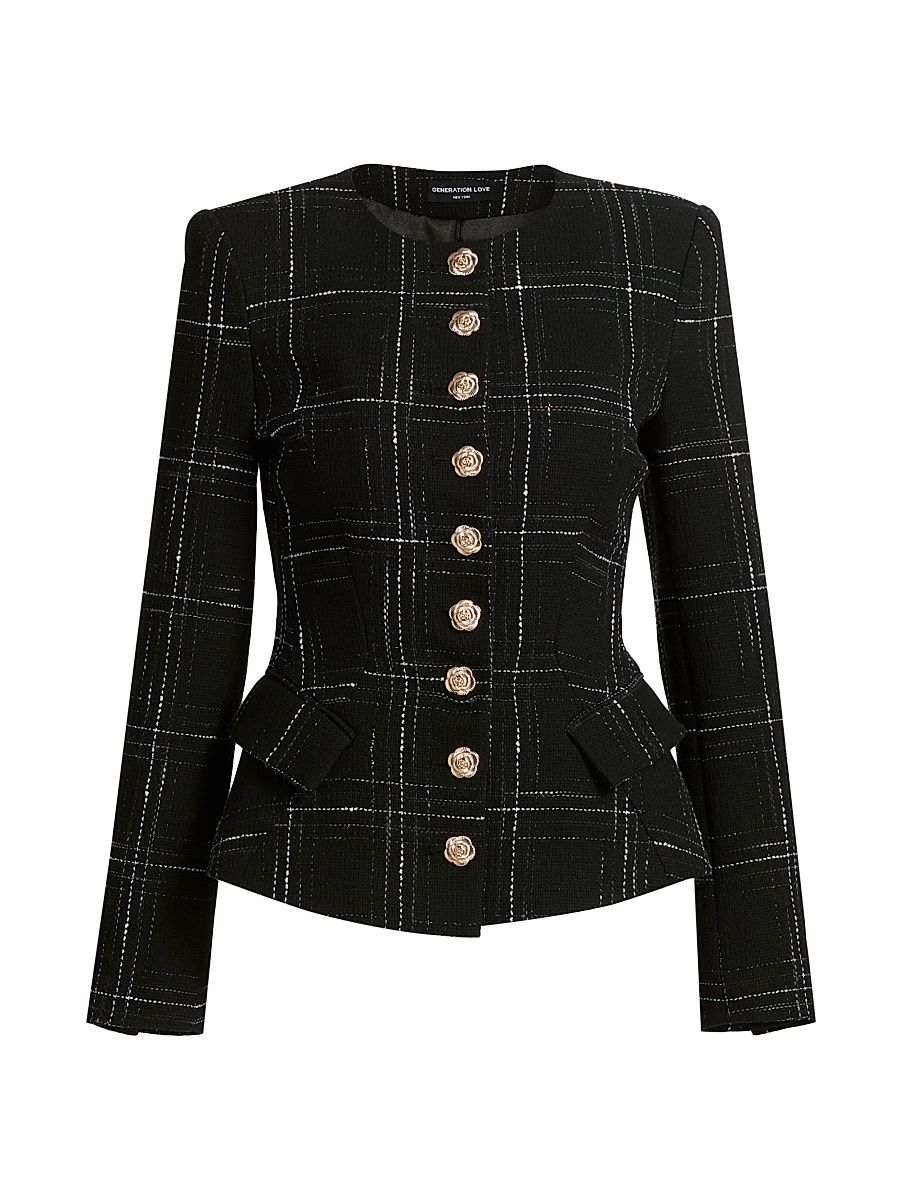 Women's Ophelia Windowpane Tweed Jacket - Black White - Size Large