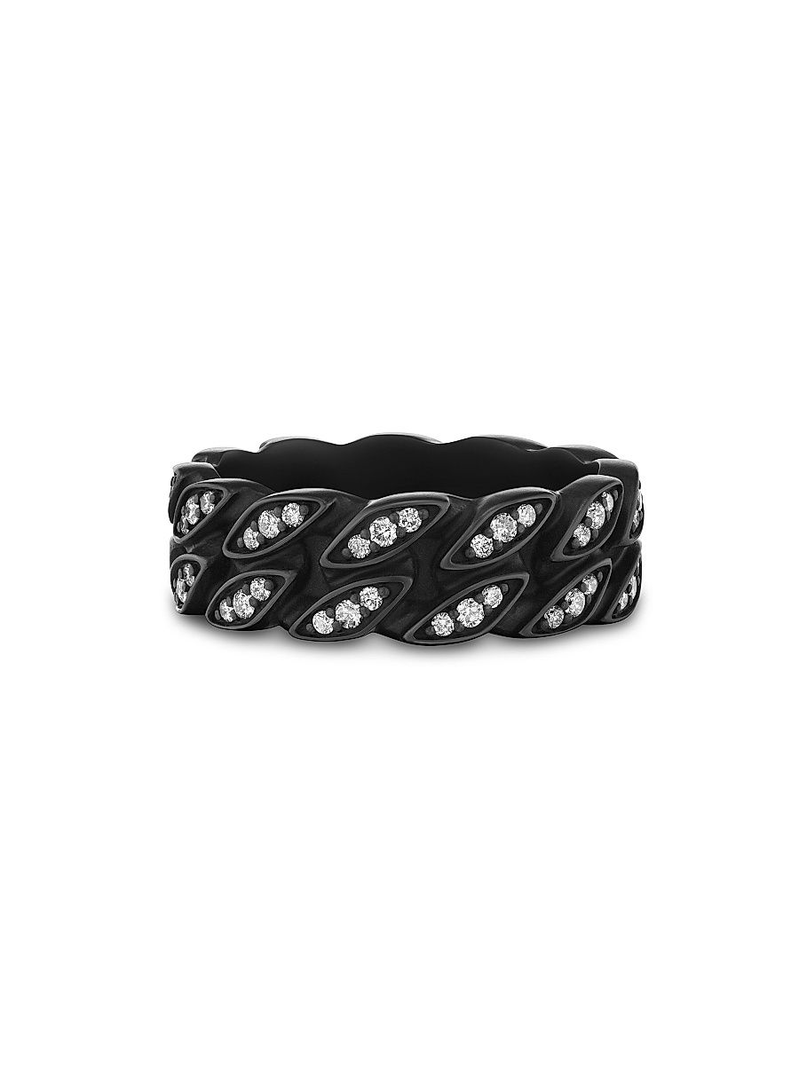 Men's Curb Chain Band Ring in Black Titanium - Diamond - Size 10