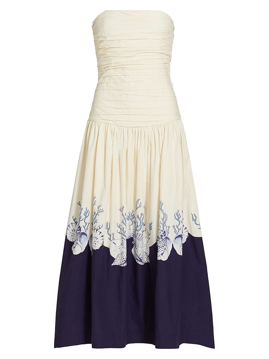 Women's Malla Marine-Print Cotton Strapless Maxi Dress - Shell Cream - Size Medium
