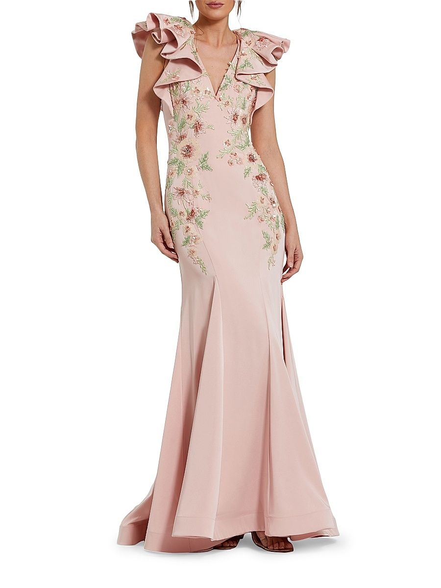 Women's Flutter-Sleeve Embellished Mermaid Gown - Blush - Size 14