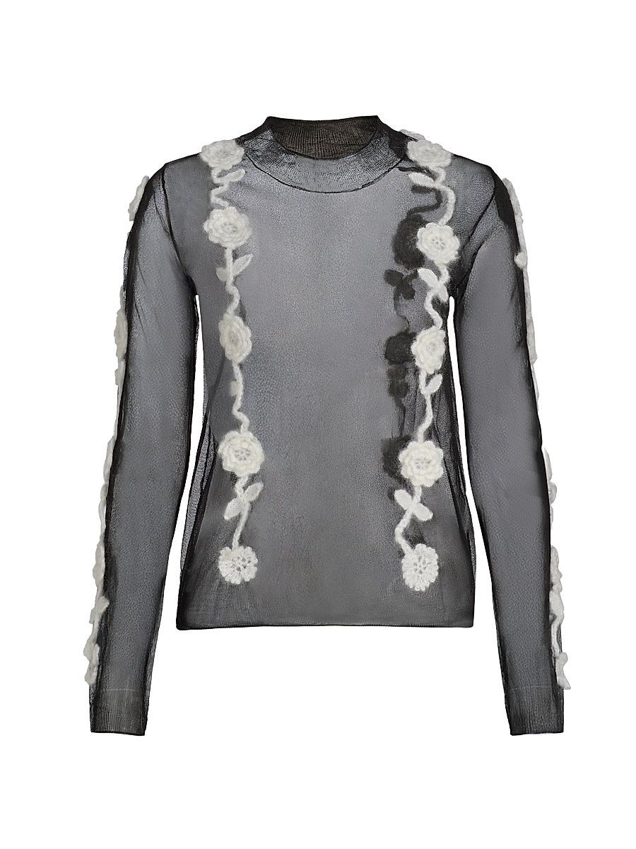 Women's Crochet Flower Appliqué Mesh Knit Top - Black - Size XL