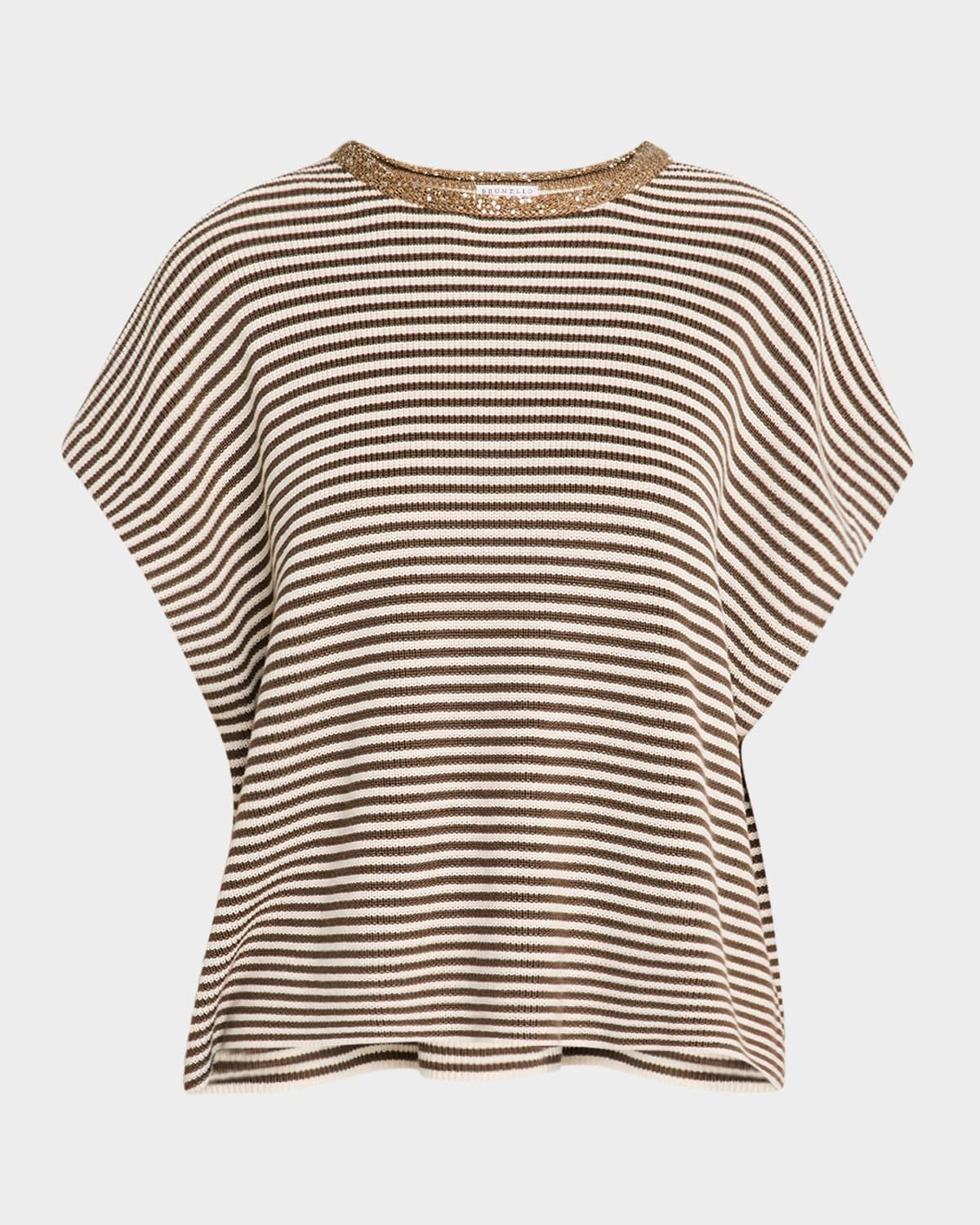 Striped Cotton Short-Sleeve Paillette-Neck Sweater