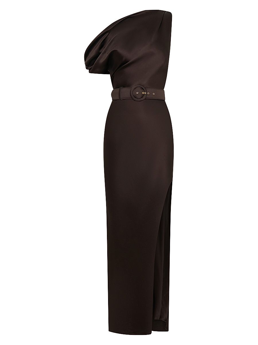 Women's Eartha One-Shoulder Belted Column Gown - Cacao - Size 12