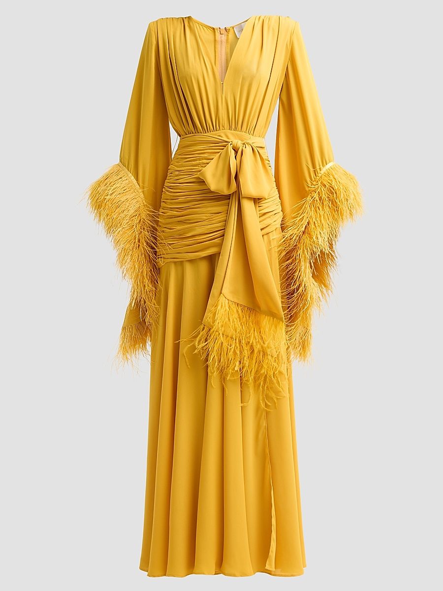 Women's Geisha Ruched Feather-Trimmed Maxi Dress - Mustard - Size XL
