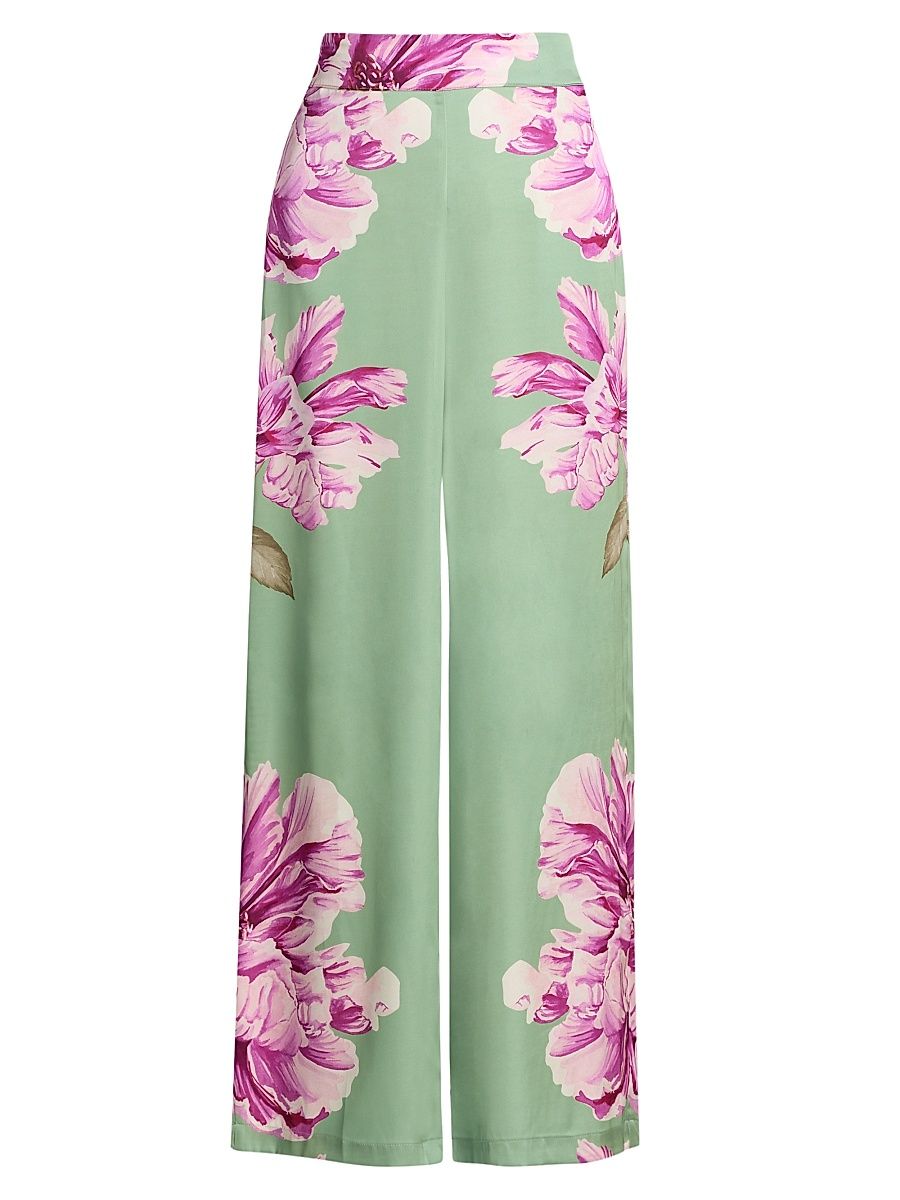 Women's Izzie Floral Satin High-Rise Wide-Leg Pants - Large Flora - Size XL