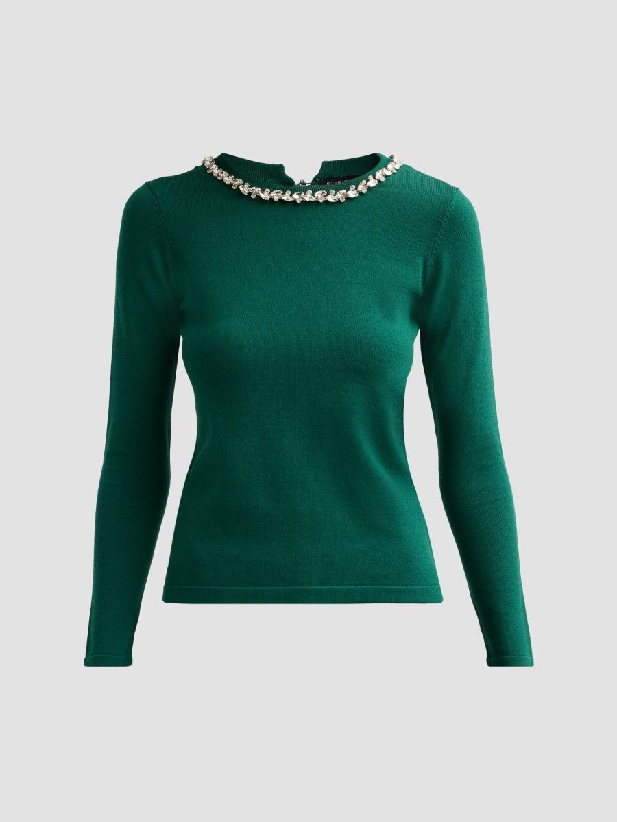 Elie Tahari Women's Aiden Embellished Crewneck Sweater - Emerald Carat - Size XL
