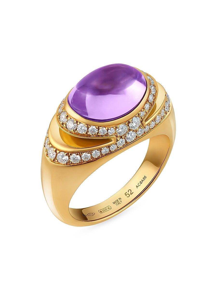 Women's BVLGARI Cabochon 18K Yellow Gold, Amethyst & 0.56 TCW Diamond Ring - Yellow Gold - Size 6.5