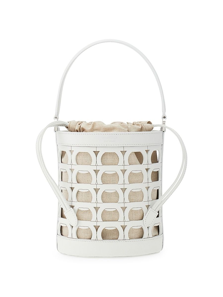 Women's Laser-Cut Leather Bucket Bag - Optic White Naturale