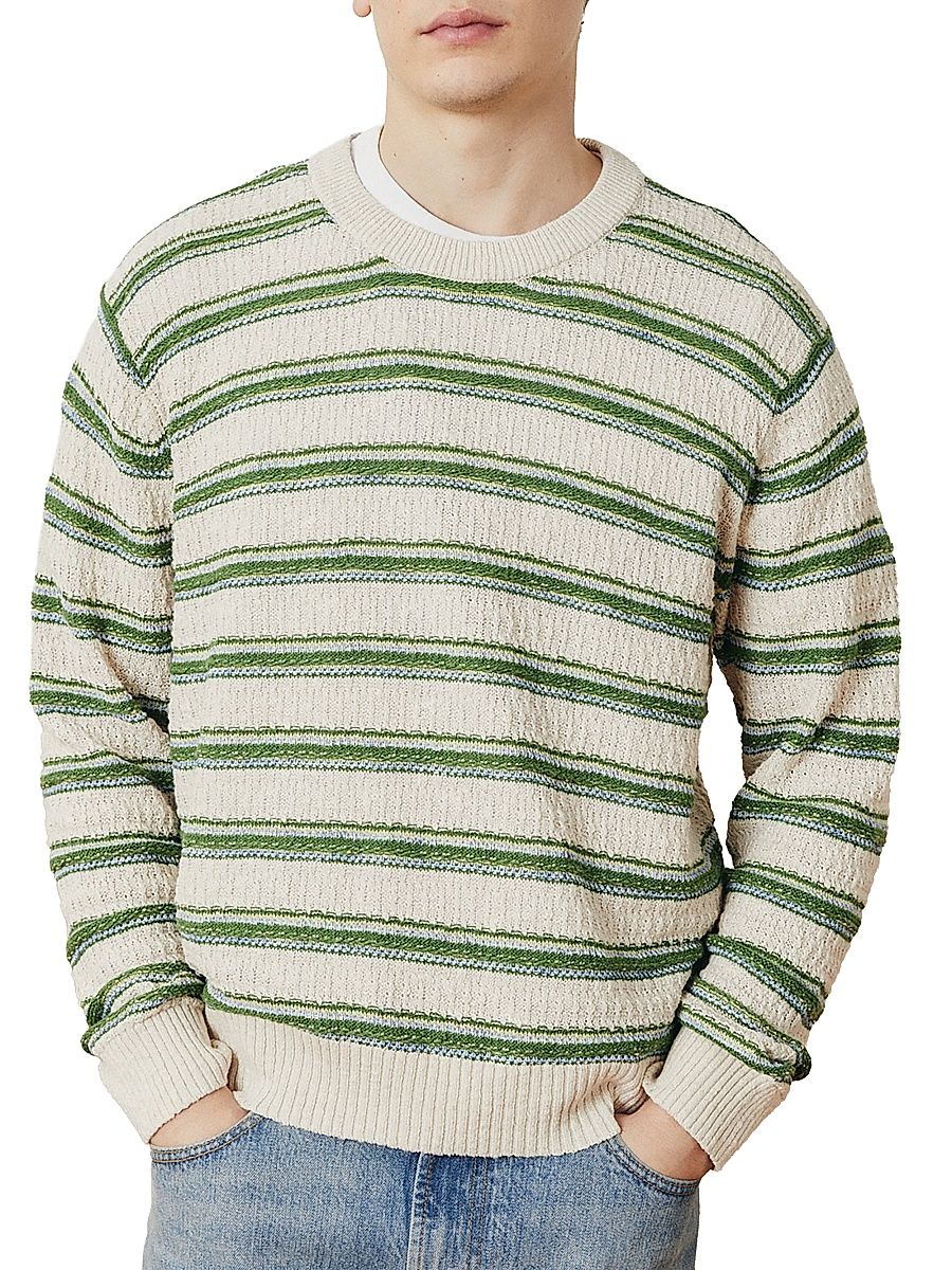 Men's Striped Cotton-Blend Crewneck Sweater - Natural - Size XL