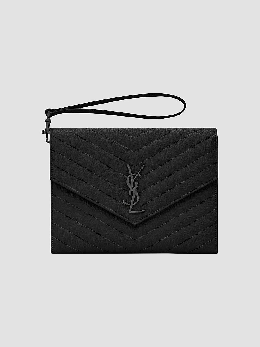 Saint Laurent Women's Cassandre Matelassé Flap Pouch in Grain De Poudre Embossed Leather - Noir