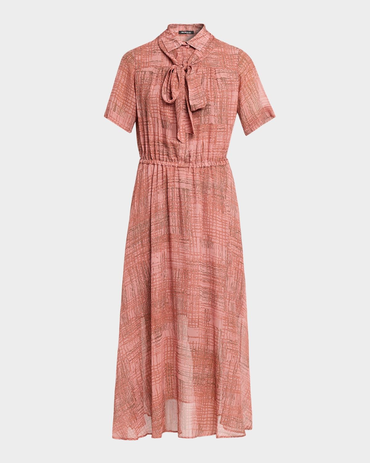 Check Silk Chiffon Short-Sleeve Midi Shirtdress