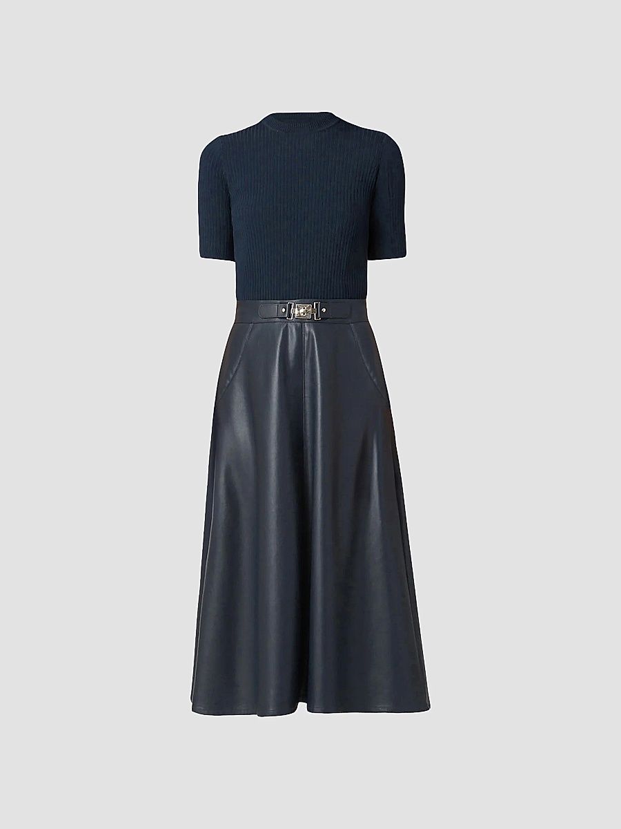 Shoshanna Women's Angela Mixed-Media Faux-Leather Midi-Dress - Navy - Size XS