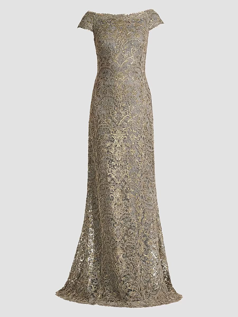 Women's Metallic Lace Column Gown - Smoke Pearl - Size 18