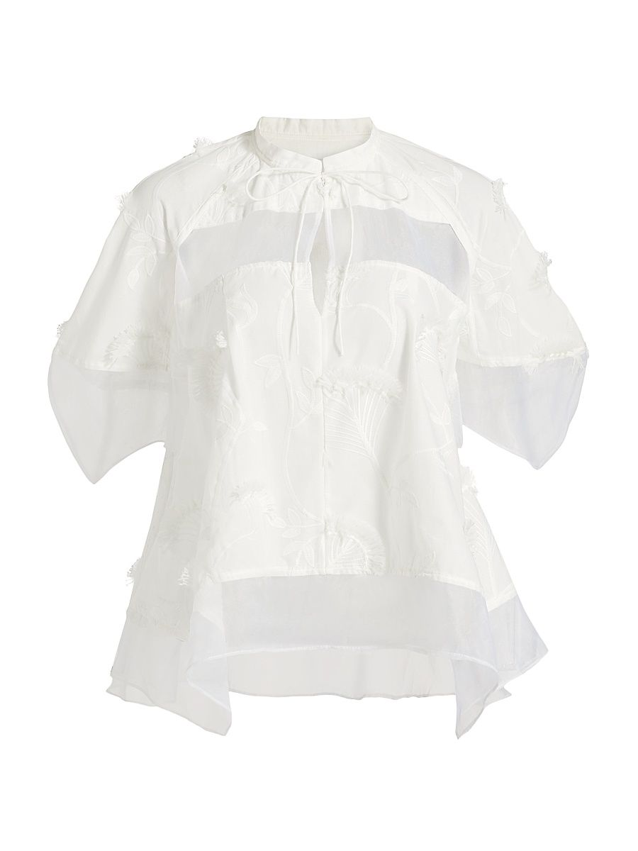 Women's Embroidered Cotton Voile & Chiffon Flounce Top - White - Size Large