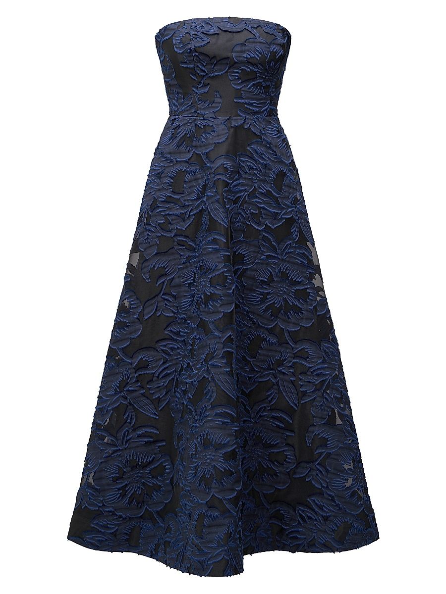 Women's Laure Floral Jacquard Organza Strapless Cocktail Dress - Midnight Navy Black - Size 14