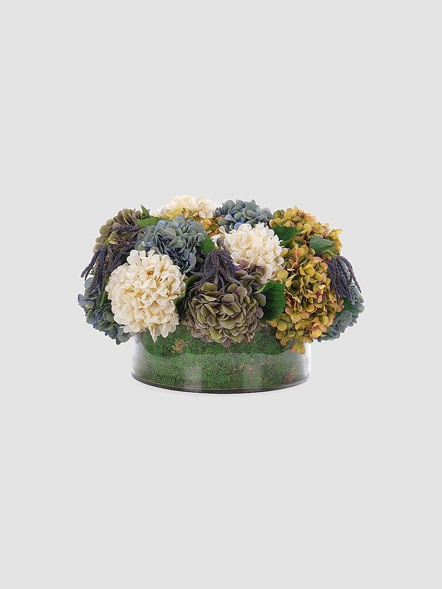 Hydrangeas Faux-Floral Arrangement in Moss Glass Vase - Blue