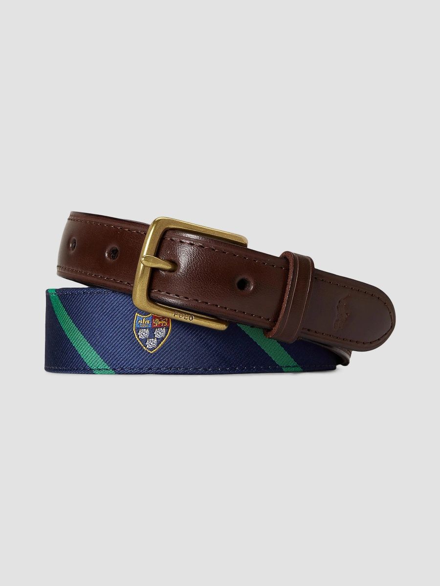 Polo Ralph Lauren Men's Leather-Trimmed Silk Jacquard Belt - Navy - Size 38
